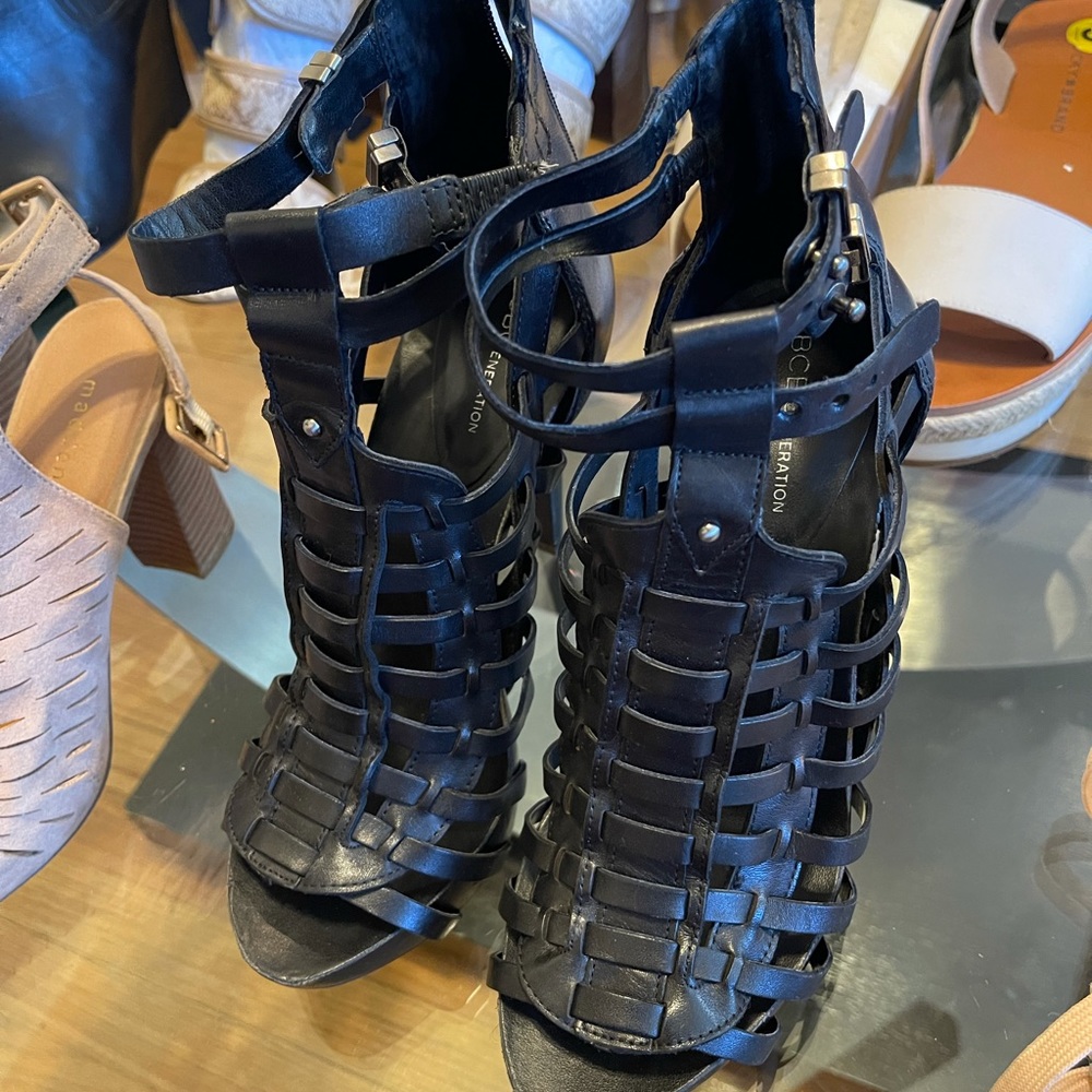 BCBGeneration Black Strappy Leather Heels